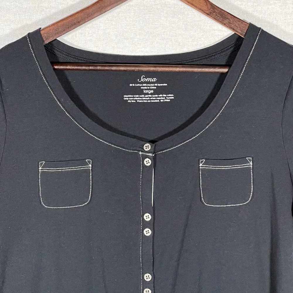 Soma Pajama Top Women Large Dark Grey Excellent Button Front Contrast Stitch